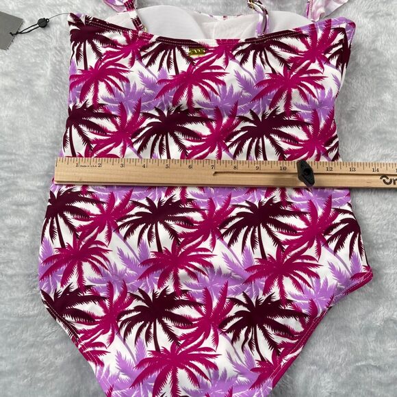 Jones New York Swimsuit Medium Fuchsia Palm Tree Ruffle Sleeve Bandeau Neck - Picture 9 of 13